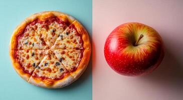 Colorful pizza and apple. A cheese pizza and a red apple are displayed side by side on contrasting backgrounds. photo
