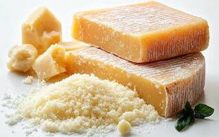 Cheese types on a clean tray. Two types of cheese along with grated cheese and a small piece of butter showcase their textures and colors. photo