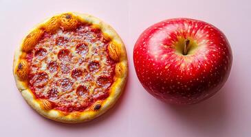 Unique food pairing of pizza and apple. An artistic arrangement features a pepperoni pizza next to a shiny red apple on a light pink background. photo
