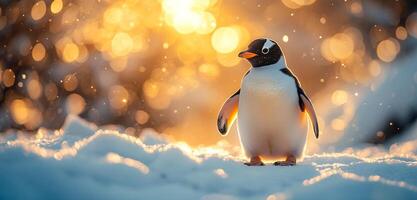 Sunset Gentoo on snow. A gentoo penguin stands elegantly on sparkling snow as the sun sets, creating a warm glow in the background. photo