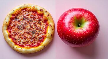Minimalist, pizza and red apple. A freshly baked cheese pizza sits next to a bright red apple, showcasing a contrast of colors and textures. photo