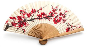 Floral spring decorative fan. This elegant fan features a stunning floral design with red blossoms, perfect for adding a touch of spring decor. photo