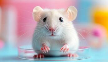 Lab mouse on a dish. A white mouse sits on a glass dish in a laboratory with colorful backgrounds, showcasing its curious expression. photo