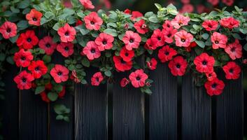 Red flowers bloom on a fence. Bright red flowers cascade over a dark wooden fence, showcasing a vibrant display of nature in a serene setting. photo
