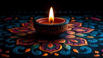 Bright diya on colorful rangoli design. A diya lights up a colorful rangoli, showcasing intricate art and tradition during a festive celebration. photo
