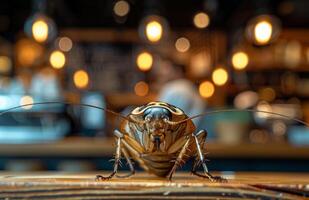 Cockroach close-up in a cafe setting. A cockroach is seen up close with a blurred cafe background, revealing vintage lights and patrons. photo
