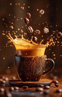 Coffee beans making a splash. Rich coffee splashes from a cup with cocoa dust, capturing a moment of vibrant energy and warmth from the beverage. photo