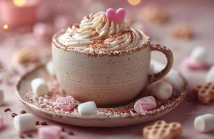 Heart-topped cocoa mug. A cozy mug of hot cocoa topped with whipped cream and tiny heart sprinkles is surrounded by marshmallows and sweetness. photo