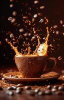 Hot coffee splashes from ceramic cup. Rich coffee splashes energetically from a ceramic cup, surrounded by scattered coffee beans, creating a dynamic effect. photo