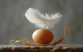 Egg rests on nature's warmth. A delicate arrangement features a speckled egg on a nest of straw with a white feather gracefully suspended above. photo