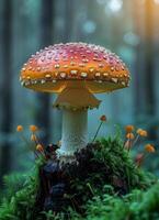 Bright mushroom in dawn forest. A bright orange mushroom stands amid moss and small fungi, illuminated by soft morning light in a serene forest. photo