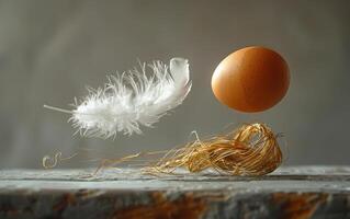 Feather and egg in surreal drift. A white feather and a brown egg float above a straw nest, highlighting lightness and balance. photo