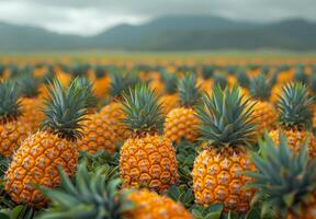 Pineapple field in a tropical landscape. Vibrant pineapples grow in rows under cloudy skies in a lush, tropical setting surrounded by mountains. photo