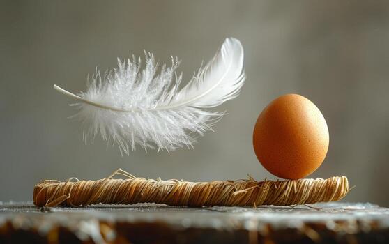 Egg balanced on twine with feather above. A delicate egg rests on twisted twine, with a soft feather floating above, creating a serene and artistic composition. photo
