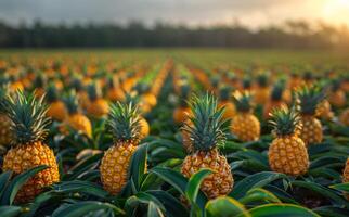 Pineapples at sunset. Rows of ripe pineapples bask in warm sunlight on a lush farm during late afternoon. photo