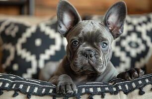 Cute french bulldog resting on couch. A playful french bulldog sits comfortably on a stylish couch with patterned cushions, looking curiously at the viewer. photo