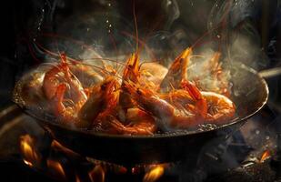 Sizzling shrimp on the stove. Fresh shrimp are being cooked in a hot pan, creating steam and smoke in a lively kitchen setting. photo