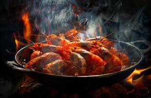Grilled shrimp sizzling over open flame. Fresh shrimp cooked over an open flame, surrounded by smoke and intense heat in a dark setting. photo
