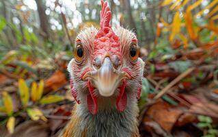 Close encounter with a curious chicken. A chicken stands still among autumn leaves, displaying its vibrant feathers and lively expression in a forest. photo