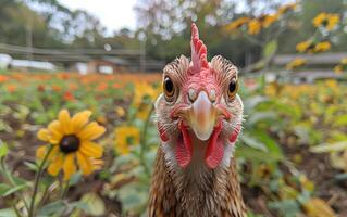 Chicken close-up in a vibrant garden. A chicken poses in a colorful flower garden, surrounded by blooming flowers and greenery, on a sunny day. photo