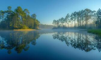 Misty morning reflection on calm water. A serene lake reflects tall trees as morning mist slowly rises, creating a tranquil atmosphere at dawn. photo