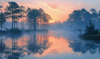 Sunrise over misty lake reflects trees. Mist envelops a serene lake at dawn, with vibrant colors painting the sky and water reflecting tall trees. photo