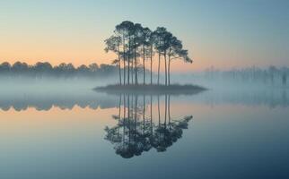 Tranquil morning mist over still water. A serene landscape features tall trees reflected in calm water at dawn, surrounded by soft mist and gentle hues. photo