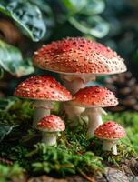 Mushrooms growing in a forest underbrush. Bright red mushrooms with white spots emerge from lush green moss in a forest setting. Dew glistens on their caps. photo