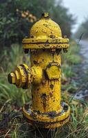 Rainy rust-yellow hydrant. A weathered yellow fire hydrant stands beside a wet path, surrounded by overgrown grass and trees on a rainy day. photo