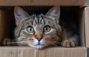 Curious cat peeking from cardboard box. A playful cat with wide eyes is hiding and peering from inside a cardboard box. Its fur is various shades of brown. photo