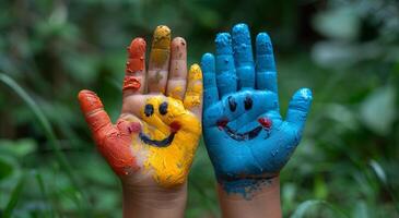 Colorful handprints and smiles outside. Children's handprints in vibrant colors showcase smiling faces, creating a joyful display in a lush outdoor setting. photo