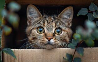 Curious cat peeking from a cardboard box. A small tabby cat with big eyes looks out from a cardboard box surrounded by green leaves, exploring its surroundings. photo