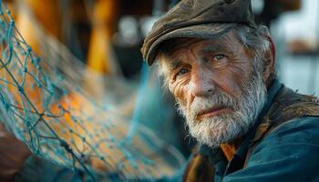 Fisherman at sunset dock. A seasoned fisherman gazes thoughtfully while holding a fishing net on a rustic dock during sunset. photo