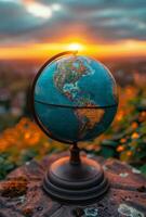 Sunset globe in nature. A vibrant globe is positioned outdoors with a stunning sunset casting warm light in the background over greenery. photo