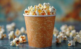 Fresh popcorn served in a paper cup. A paper cup filled with freshly popped popcorn sits on a surface, surrounded by scattered popcorn. photo