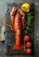 Lobster with lemon and herbs. A vibrant lobster is presented on a slate board, accompanied by a lemon, cherry tomatoes, and fresh herbs. photo