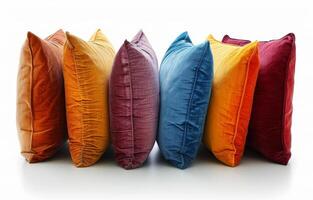 Vibrant decorative pillows on display. Colorful orange, blue, and yellow pillows on a white surface add warmth and style. photo