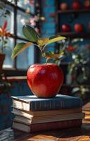 Apple on books in a cozy indoor space. A bright red apple sits atop a stack of vintage books in a warm and inviting indoor setting. photo