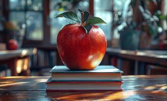 Apple on books in sunlight. A bright red apple sits atop a stack of colorful books, illuminated by warm sunlight in a cozy indoor setting. photo