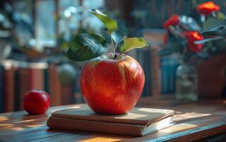 Sunny apple on wood table. A vibrant red apple with leaves sits on an old book, illuminated by sunlight with a blurred background of flowers. photo