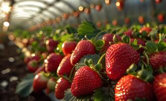 Greenhouse strawberries growing. Bright, ripe strawberries are clustered in a greenhouse with sunlight filtering through the transparent roof. photo