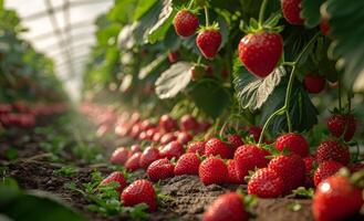 Sunny strawberry harvest. Ripe strawberries scatter on the greenhouse floor, lit by soft sunlight filtering through. photo