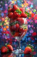 Fresh strawberries in a glass display. A clear glass with vibrant strawberries amid a colorful bokeh, creating a cheerful vibe. photo