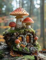 Tranquil forest mushroom house. Colorful mushroom house made of stones and moss nestled in a serene forest, surrounded by autumn foliage. photo