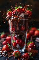Strawberry chocolate dessert. Rich chocolate dessert layered with fresh strawberries and chocolate pieces, highlighted by a fun splash effect. photo