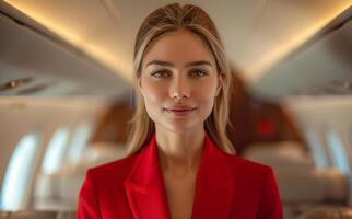 Smiling attendant on private jet. Flight attendant stands confidently in a private jet cabin, wearing a red uniform, ready to serve passengers. photo