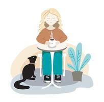 A woman with a cup of coffee is resting at a table. A black cat is sitting under the table vector