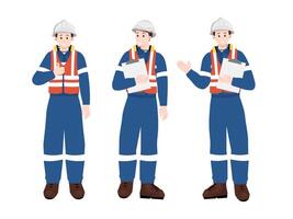 Set of industrial workers in safety uniform holding clipboard, showing thumb up and explaining during inspection or factory supervision. vector