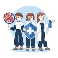 Flat design of group wearing masks with shield, sanitizer, and stop virus sign. Health safety theme. vector