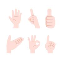 Set of cartoon hand gestures including open palm, pointing up, thumbs up, offering, okay and index finger. vector